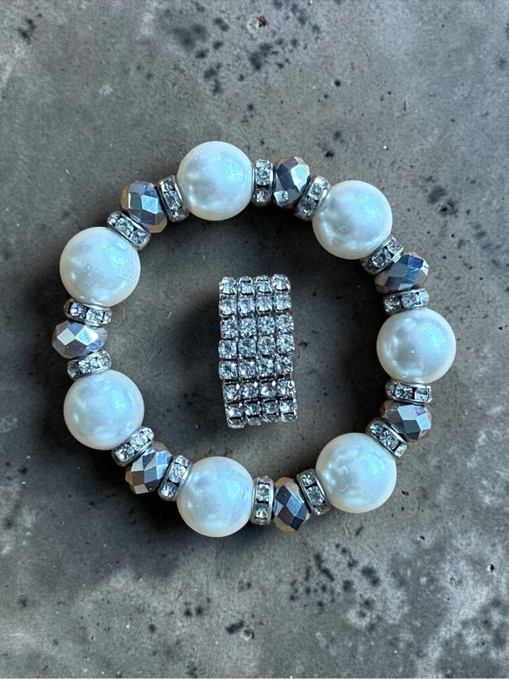 Crystal & Pearl Stretch Bracelet & Ring